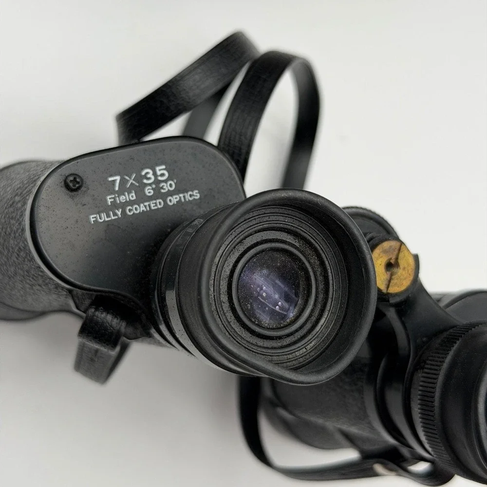 Vintage Black‎ Binoculars with Brown Faux Leather Hard Carrying Case Retro Gear